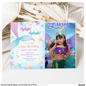 Mermaid Splish Splash 4th Birthday Party Photo Invitation