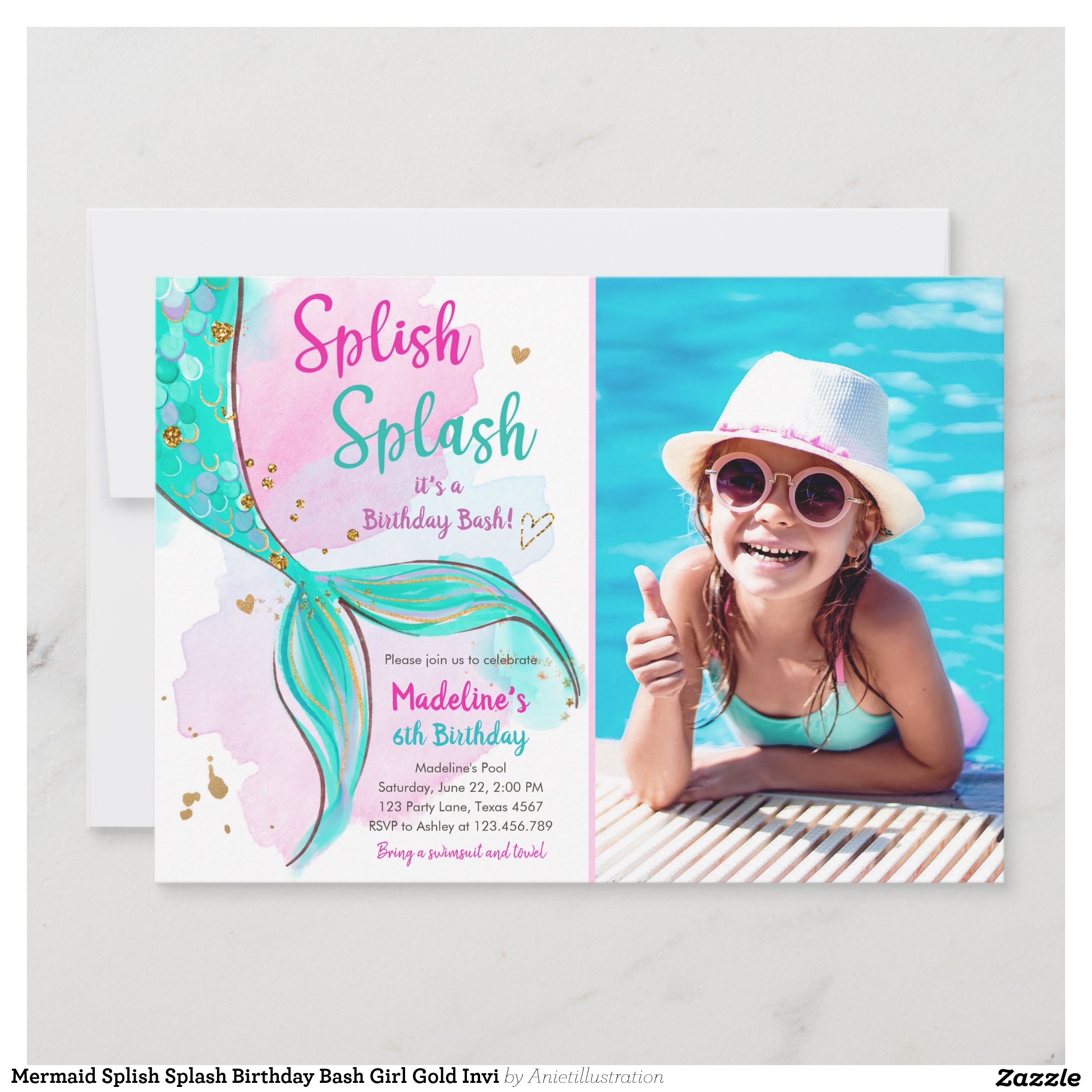 Mermaid Splish Splash Birthday Bash Girl Gold Invi Invitation