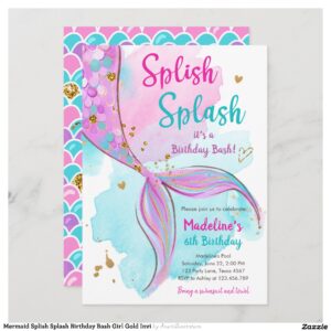 Mermaid Splish Splash Birthday Bash Girl Gold Invi Invitation