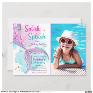 Mermaid Splish Splash Birthday Bash Girl Gold Invitation