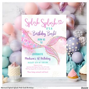 Mermaid Splish Splash Pink Gold Birthday Invitation