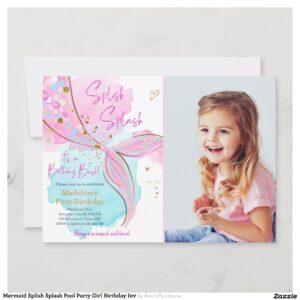 Mermaid Splish Splash Pool Party Girl Birthday Inv Invitation