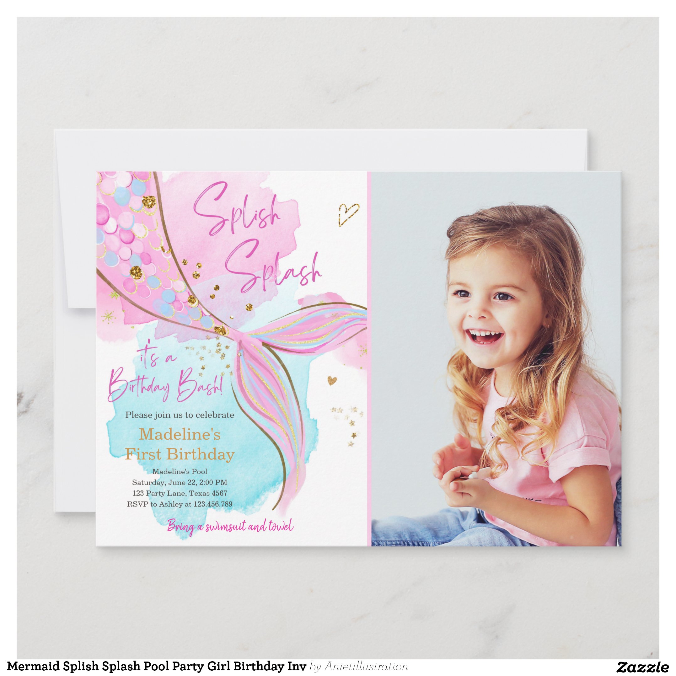 Mermaid Splish Splash Pool Party Girl Birthday Inv Invitation