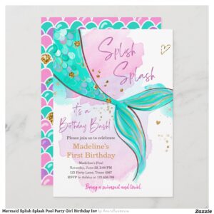 Mermaid Splish Splash Pool Party Girl Birthday Inv Invitation