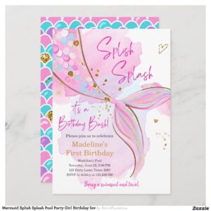 Mermaid Splish Splash Pool Party Girl Birthday Inv Invitation