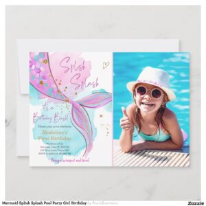Mermaid Splish Splash Pool Party Girl Birthday Invitation