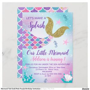 Mermaid Tail Gold Pink Purple Birthday Invitation