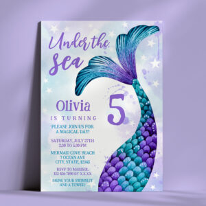 Mermaid Tail in Purple + Teal Watercolor Birthday Invitation