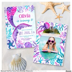 Mermaid Tail Pool Party Photo Birthday Watercolor Invitation