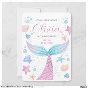 Mermaid Tail Under the Sea Pink Birthday  Invitation
