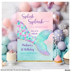 Mermaid Tail Under The Sea Pink Gold Birthday Invitation