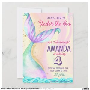 Mermaid tail Watercolor Birthday Under the Sea Invitation