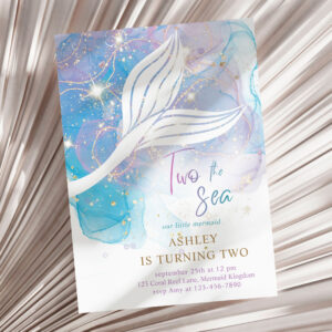 Mermaid Two The Sea Watercolor 2nd Birthday  Invitation