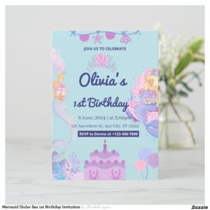 Mermaid Under Sea 1st Birthday Invitation
