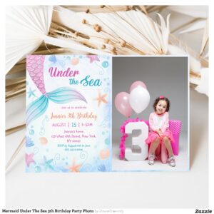 Mermaid Under The Sea 3th Birthday Party Photo Invitation