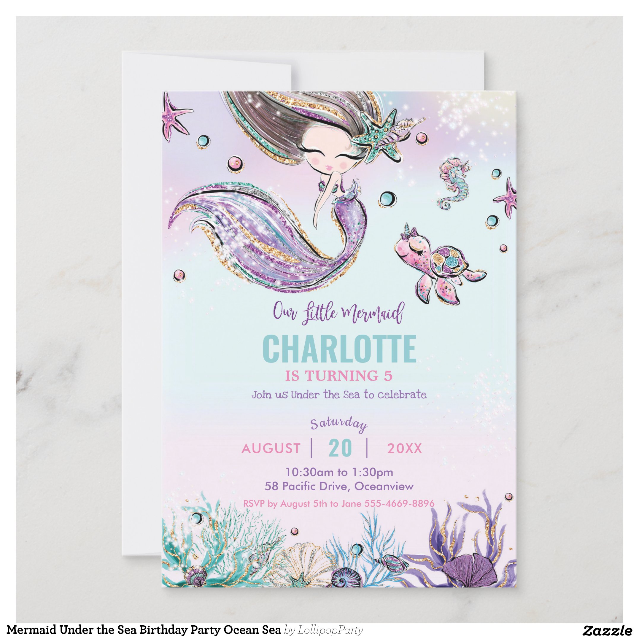 Mermaid Under the Sea Birthday Party Ocean Sea Invitation