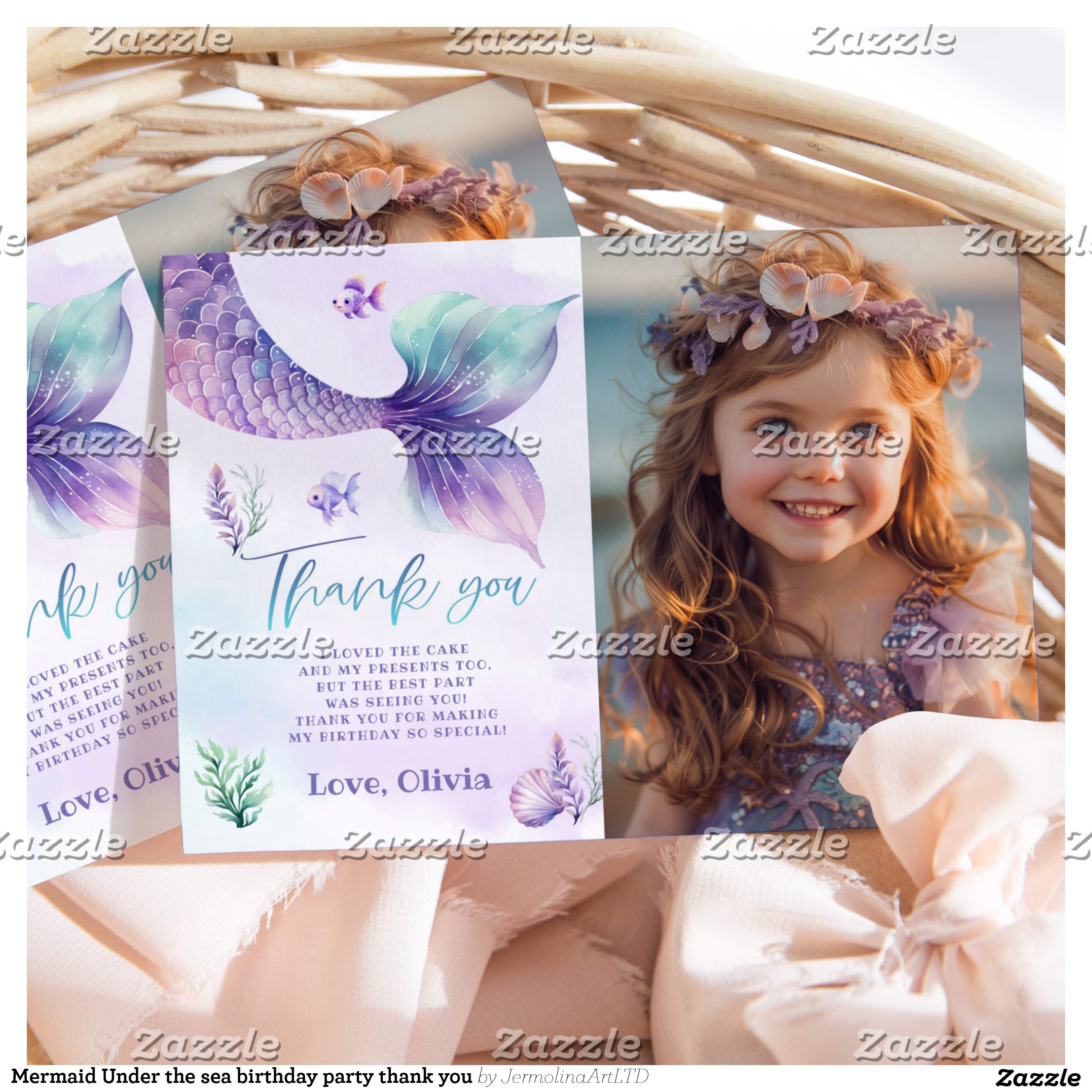 Mermaid Under the sea birthday party thank you Invitation