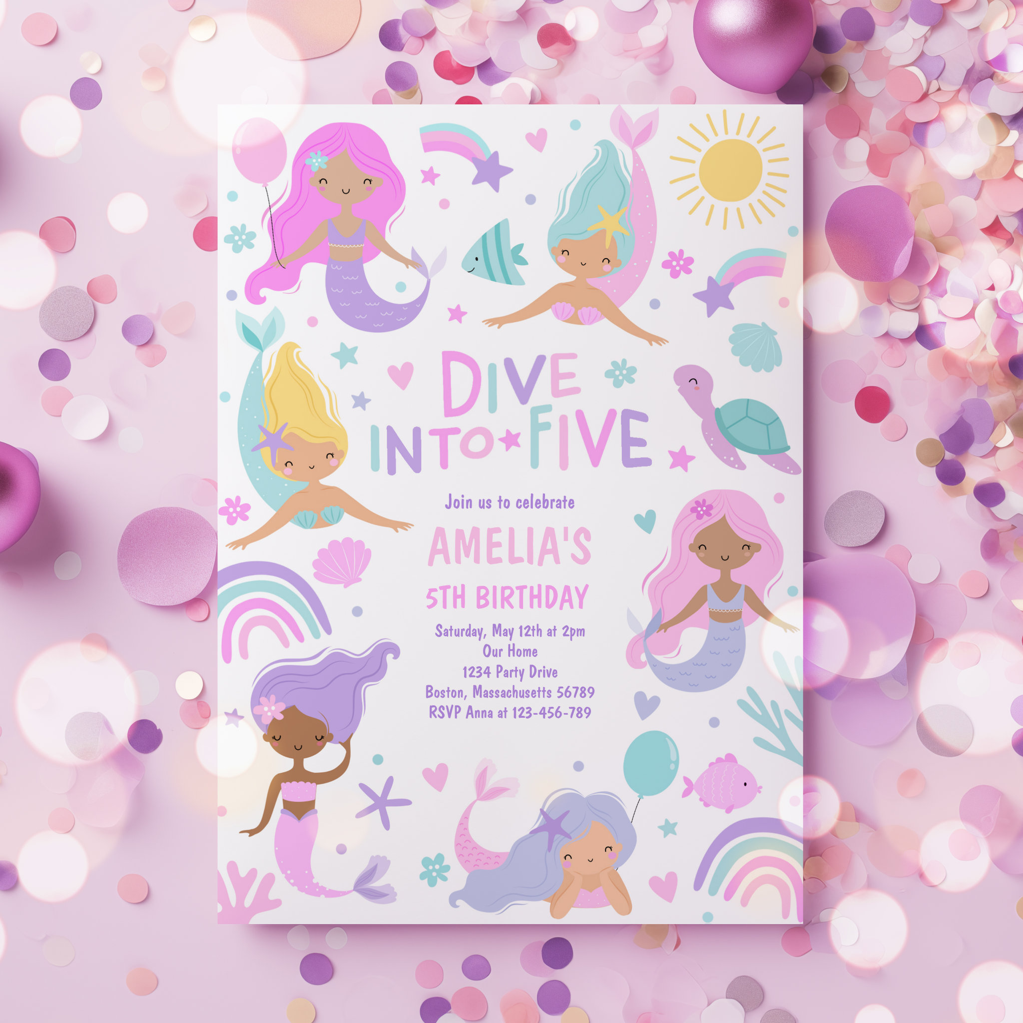 Mermaid Under The Sea Dive Into Five 5th Birthday Invitation