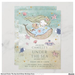 Mermaid Under The Sea Gold Glitter Birthday Party  Invitation