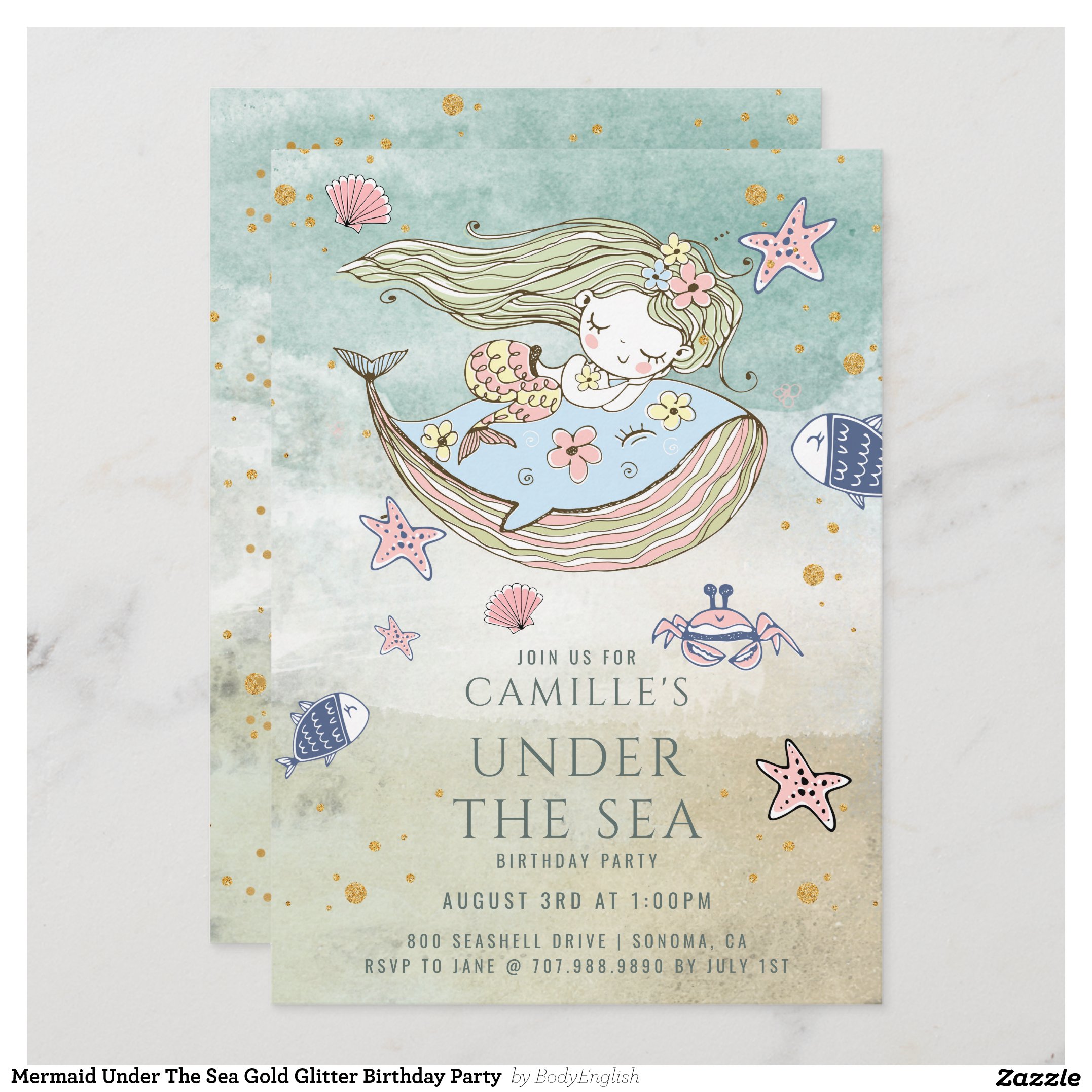 Mermaid Under The Sea Gold Glitter Birthday Party  Invitation