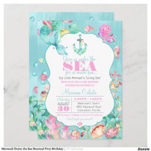 Mermaid Under the Sea Nautical First Birthday Invitation