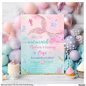 Mermaid Under The Sea Pink Gold Birthday Invitation