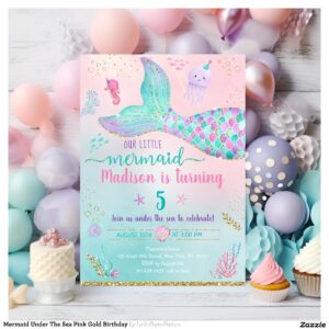 Mermaid Under The Sea Pink Gold Birthday Invitation