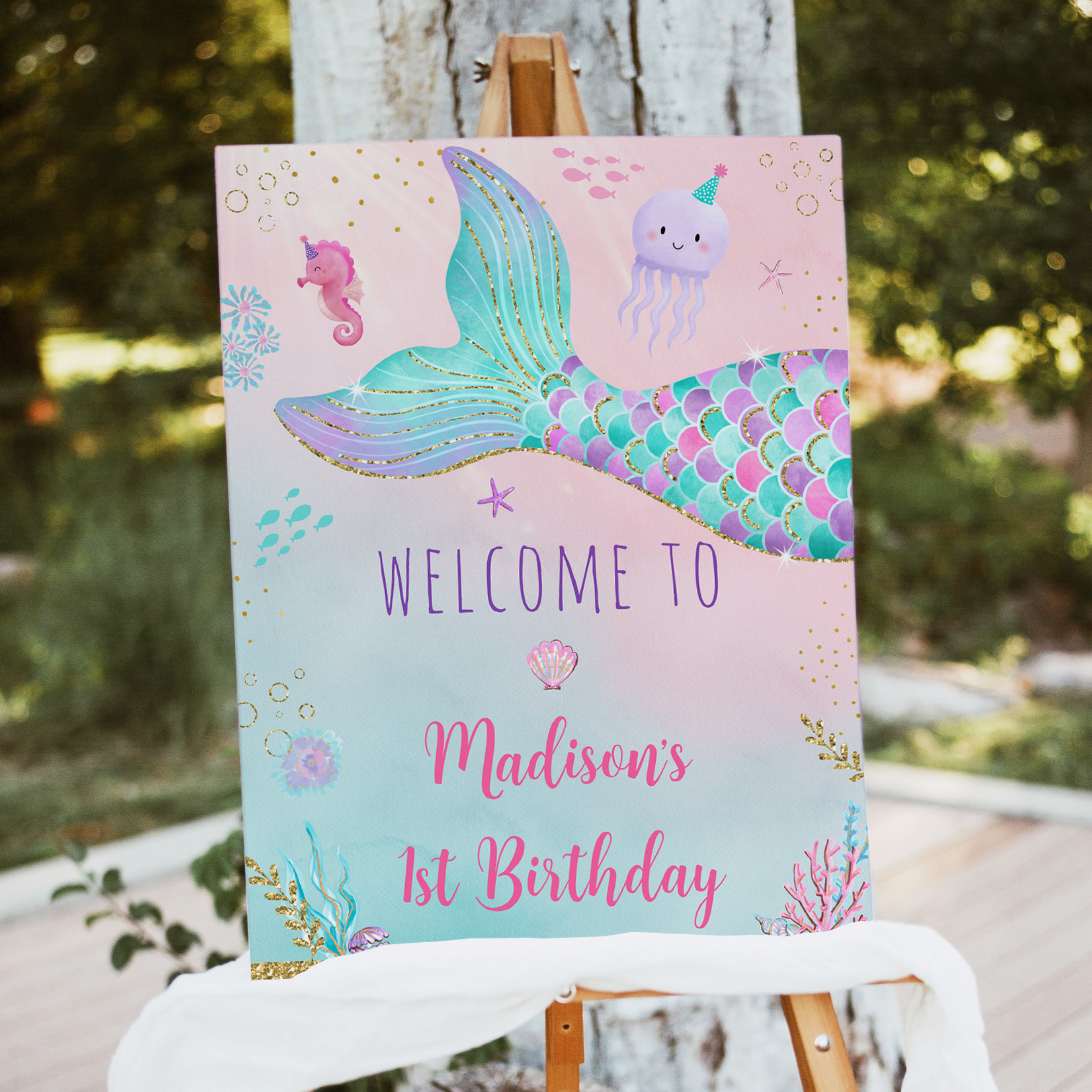 Mermaid Under The Sea Pink Gold Birthday Welcome Foam Board