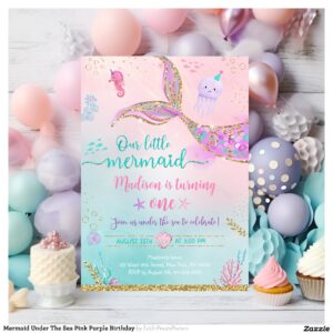 Mermaid Under The Sea Pink Purple Birthday Invitation