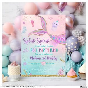Mermaid Under The Sea Pool Party Birthday Invitation