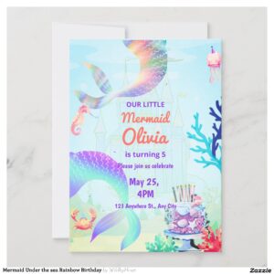 Mermaid Under the sea Rainbow Birthday Invitation