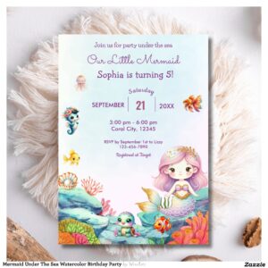 Mermaid Under The Sea Watercolor Birthday Party Invitation
