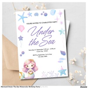 Mermaid Under The Sea Watercolor Birthday Party Invitation