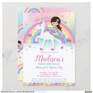 Mermaid Unicorn 1st First Birthday Party Invitation
