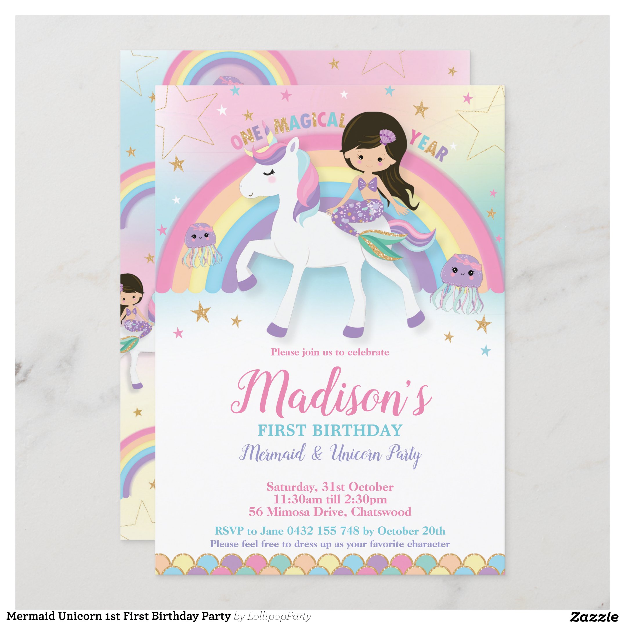 Mermaid Unicorn 1st First Birthday Party Invitation