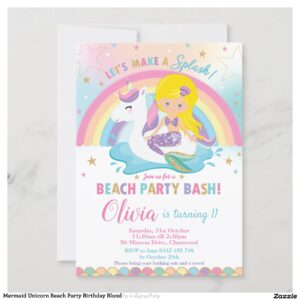 Mermaid Unicorn Beach Party Birthday Blond Invitation