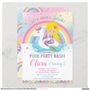 Mermaid Unicorn Pool Party Birthday Blond Invitation
