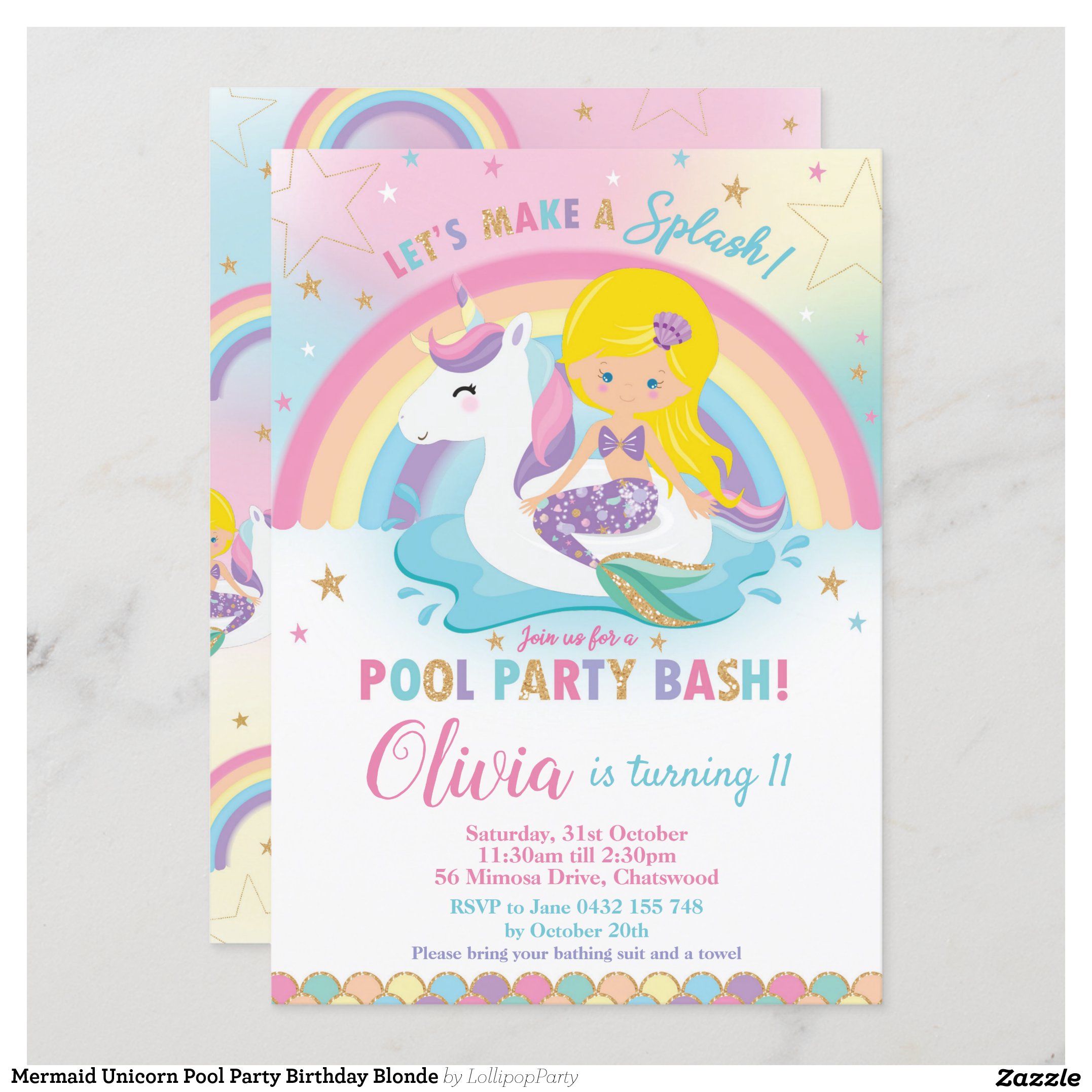Mermaid Unicorn Pool Party Birthday Blond Invitation
