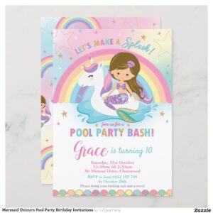 Mermaid Unicorn Pool Party Birthday Invitations