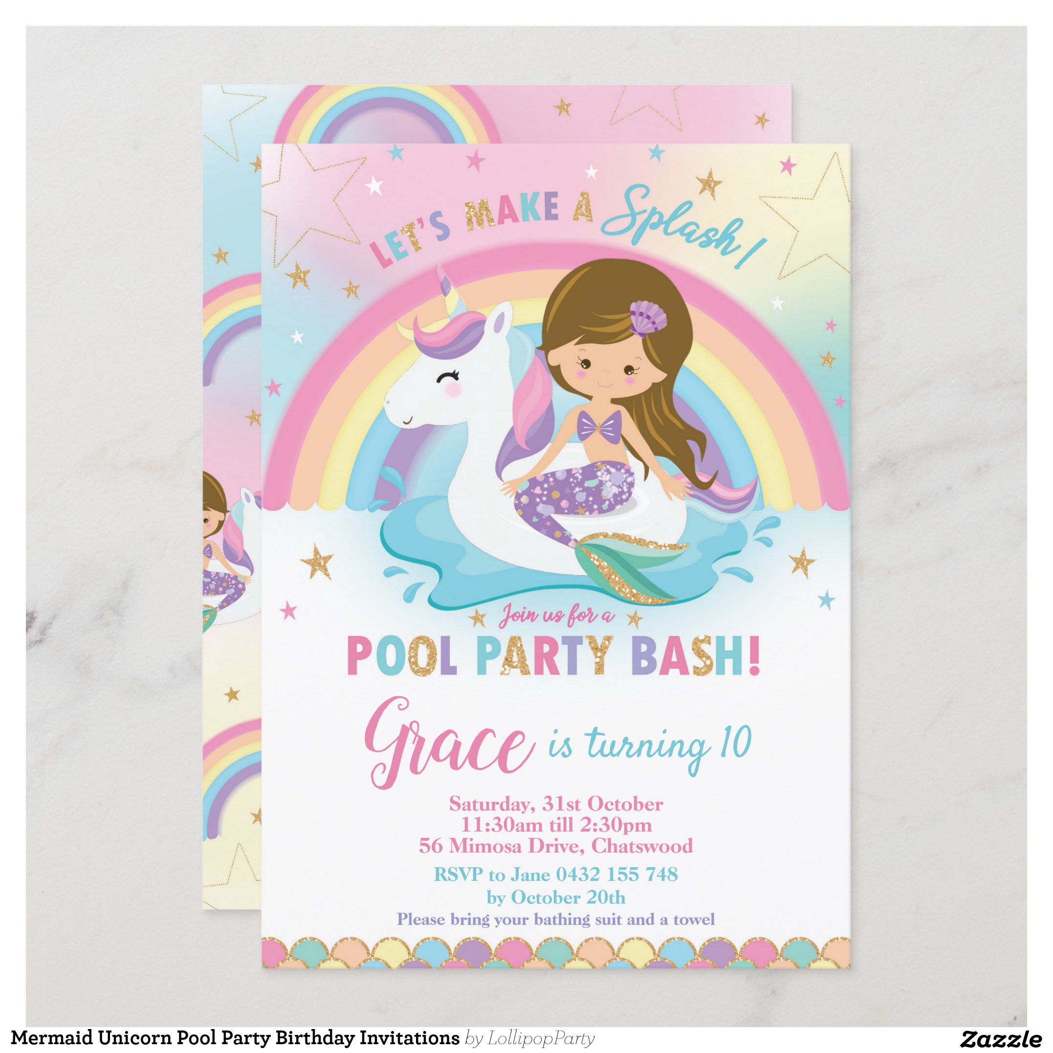 Mermaid Unicorn Pool Party Birthday Invitations