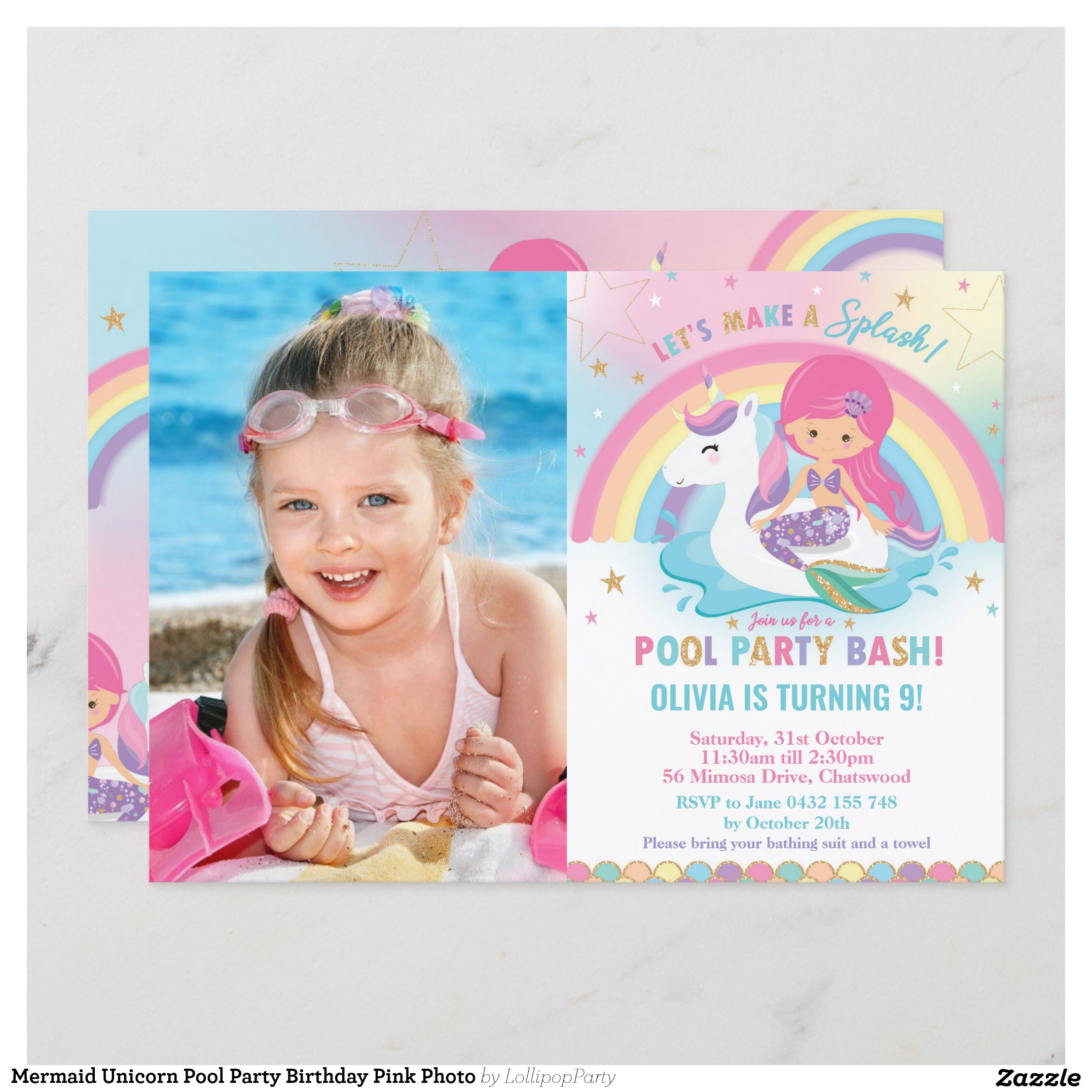 Mermaid Unicorn Pool Party Birthday Pink Photo Invitation