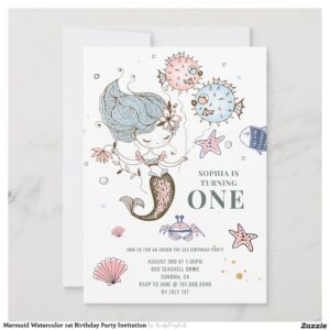 Mermaid Watercolor 1st Birthday Party Invitation