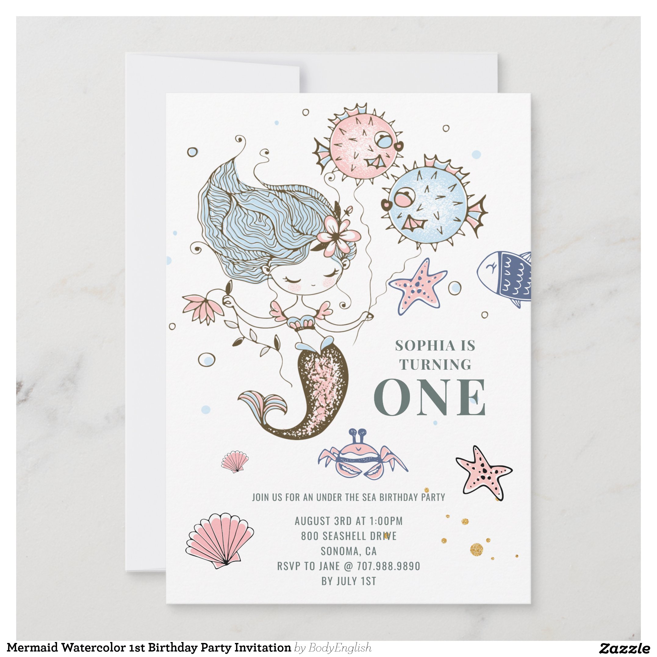 Mermaid Watercolor 1st Birthday Party Invitation
