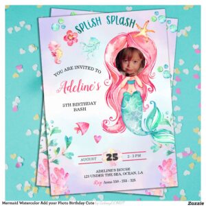 Mermaid Watercolor Add your Photo Birthday Cute Invitation