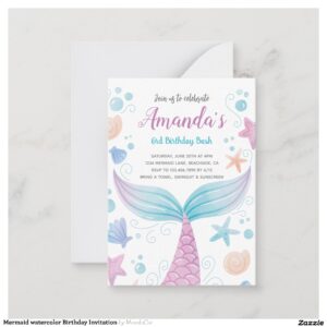 Mermaid watercolor Birthday Invitation