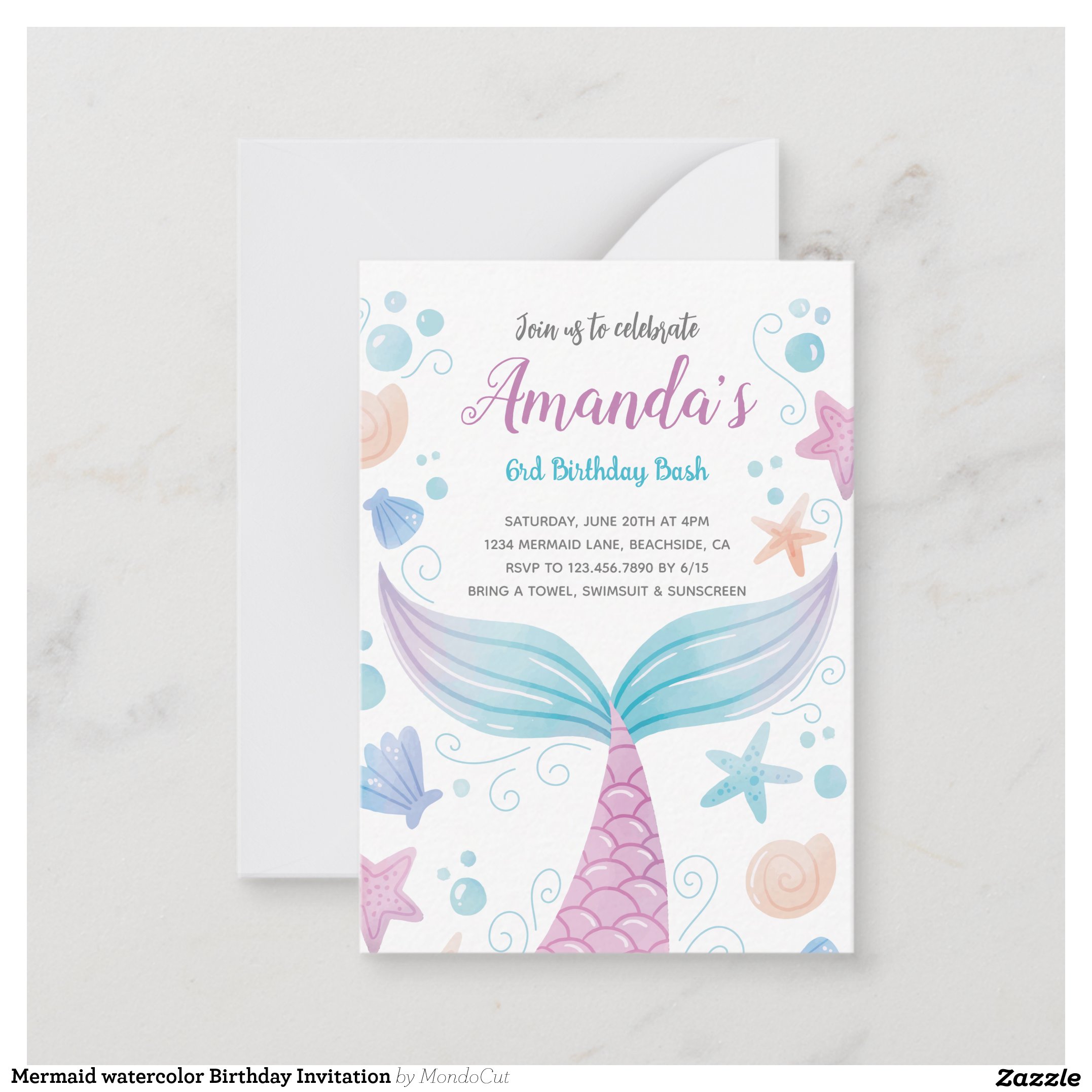 Mermaid watercolor Birthday Invitation
