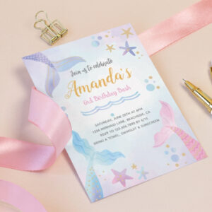 Mermaid watercolor Birthday Invitation