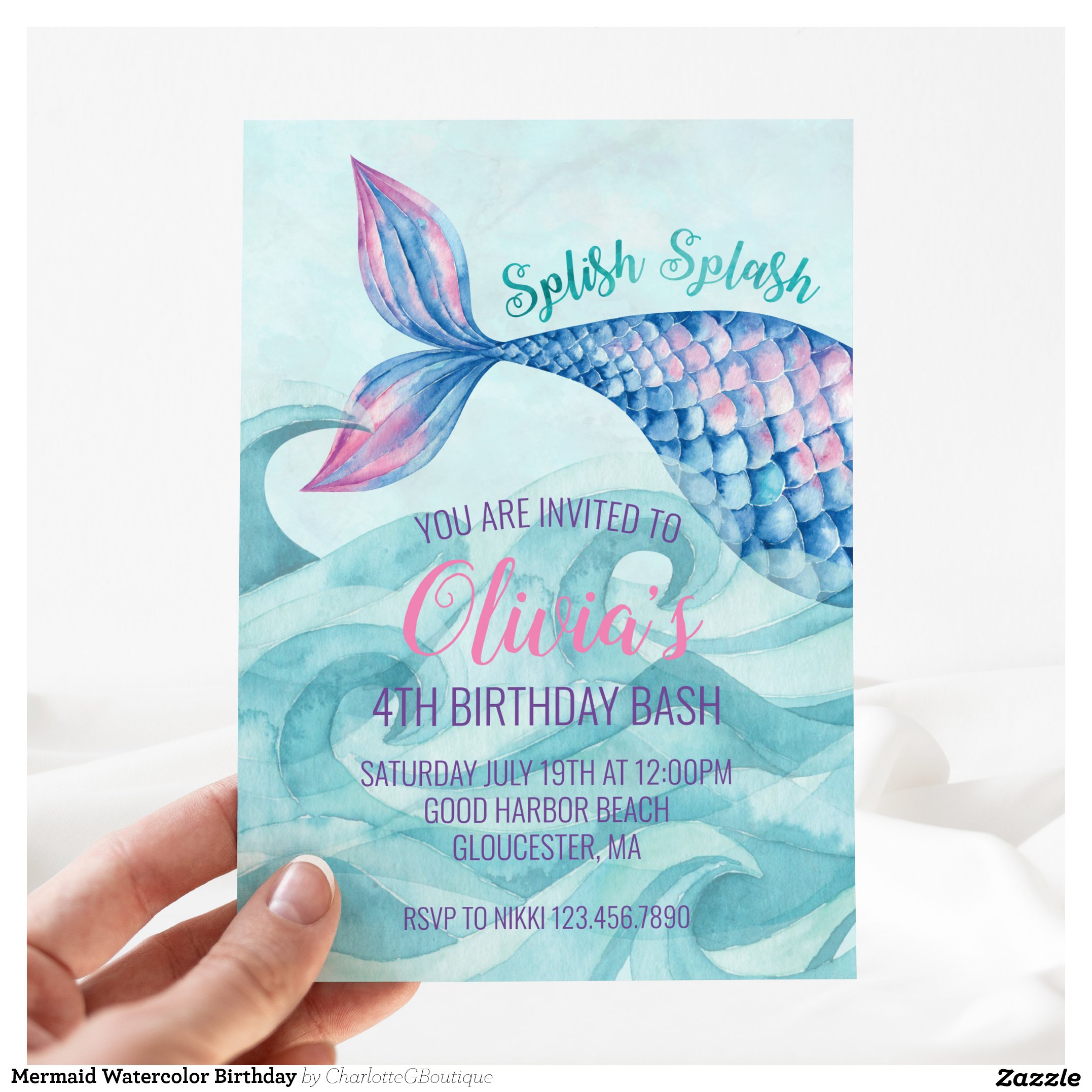 Mermaid Watercolor Birthday Invitation