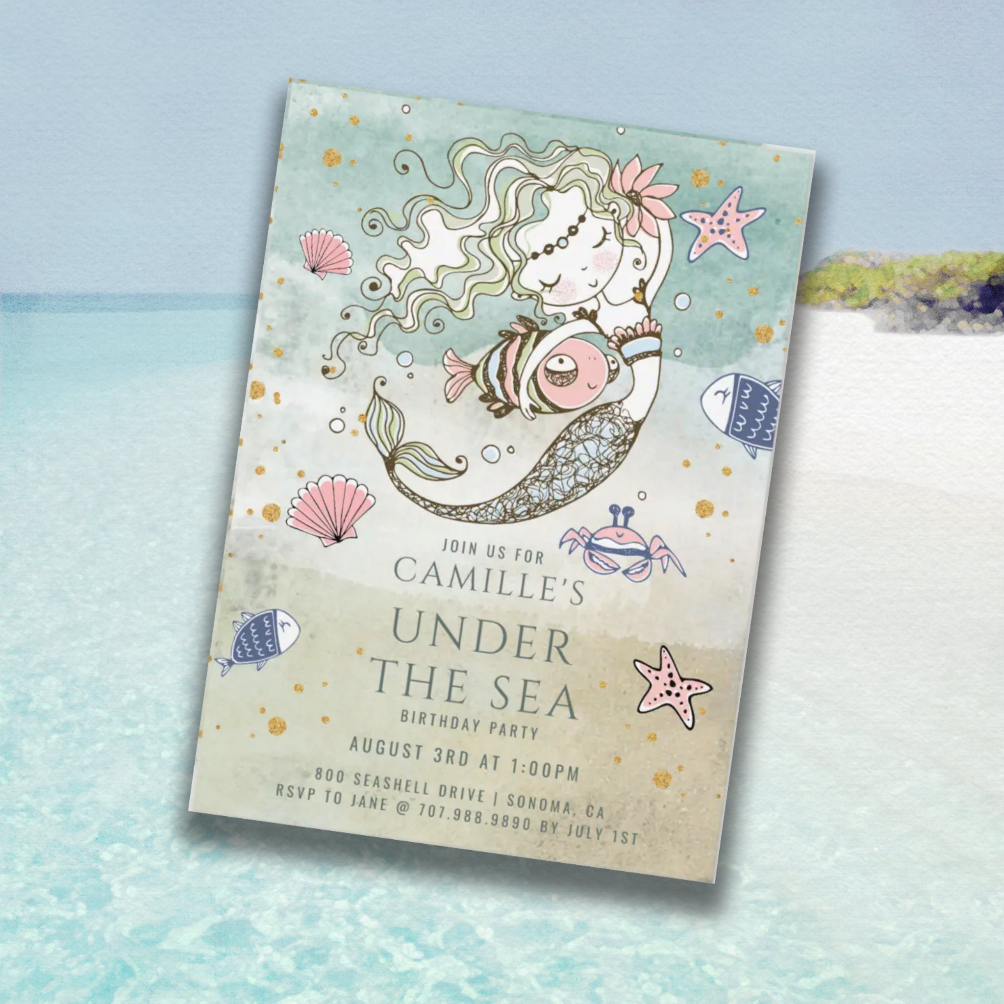 Mermaid Watercolor Birthday Party Invitation