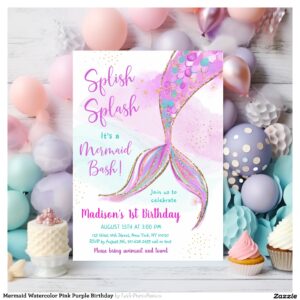 Mermaid Watercolor Pink Purple Birthday Invitation